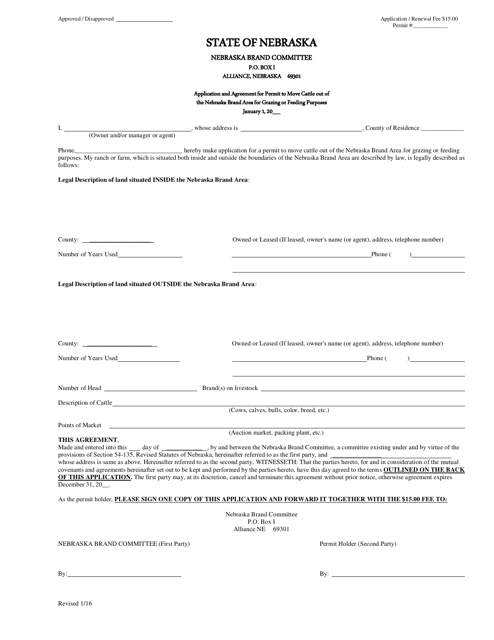 Application and Agreement for Permit to Move Cattle out of the Nebraska Brand Area for Grazing or Feeding Purposes - Nebraska Download Pdf