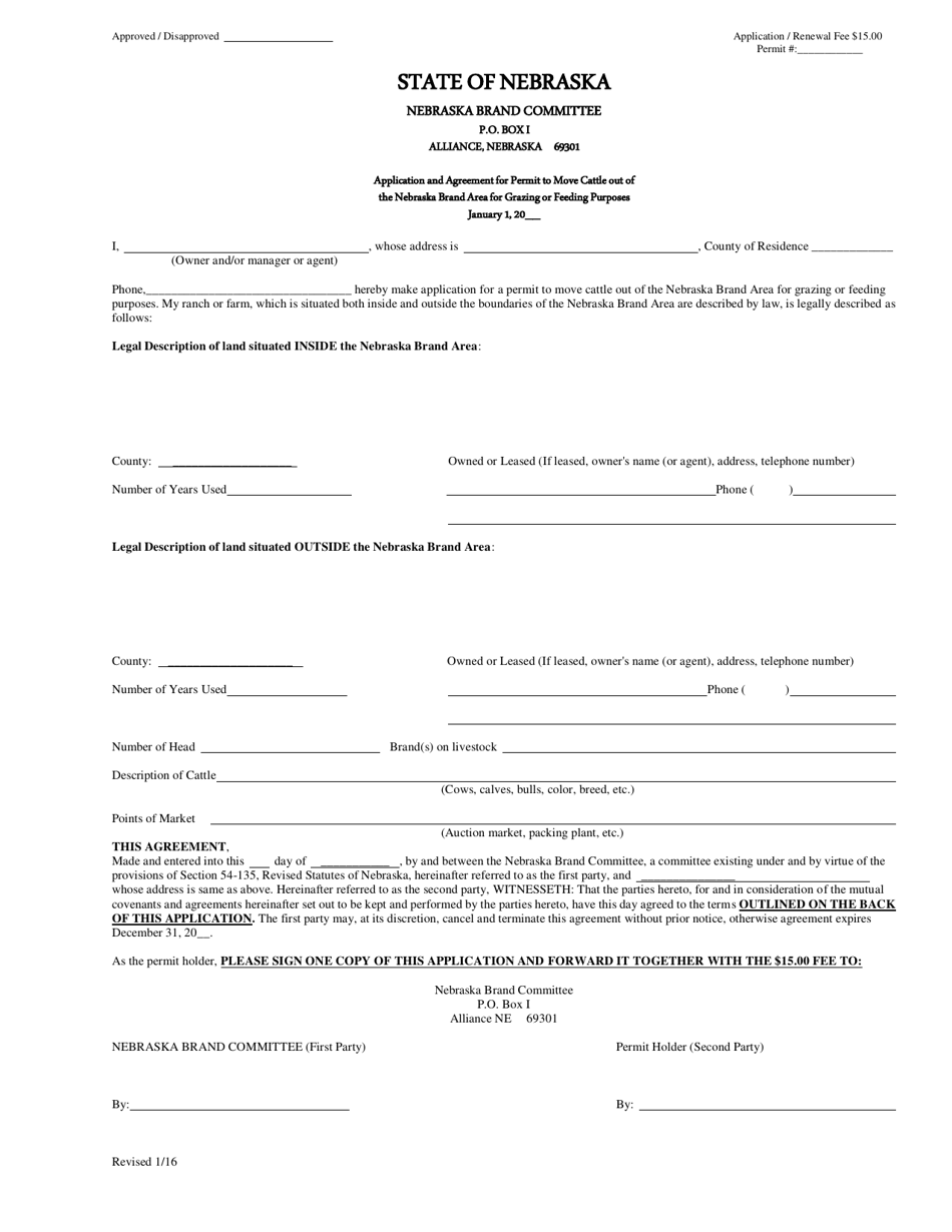 Nebraska Application and Agreement for Permit to Move Cattle out of the ...