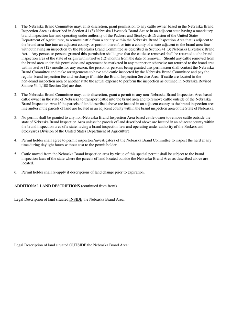Application and Agreement for Permit to Move Cattle out of the Nebraska Brand Area for Grazing or Feeding Purposes - Nebraska, Page 2