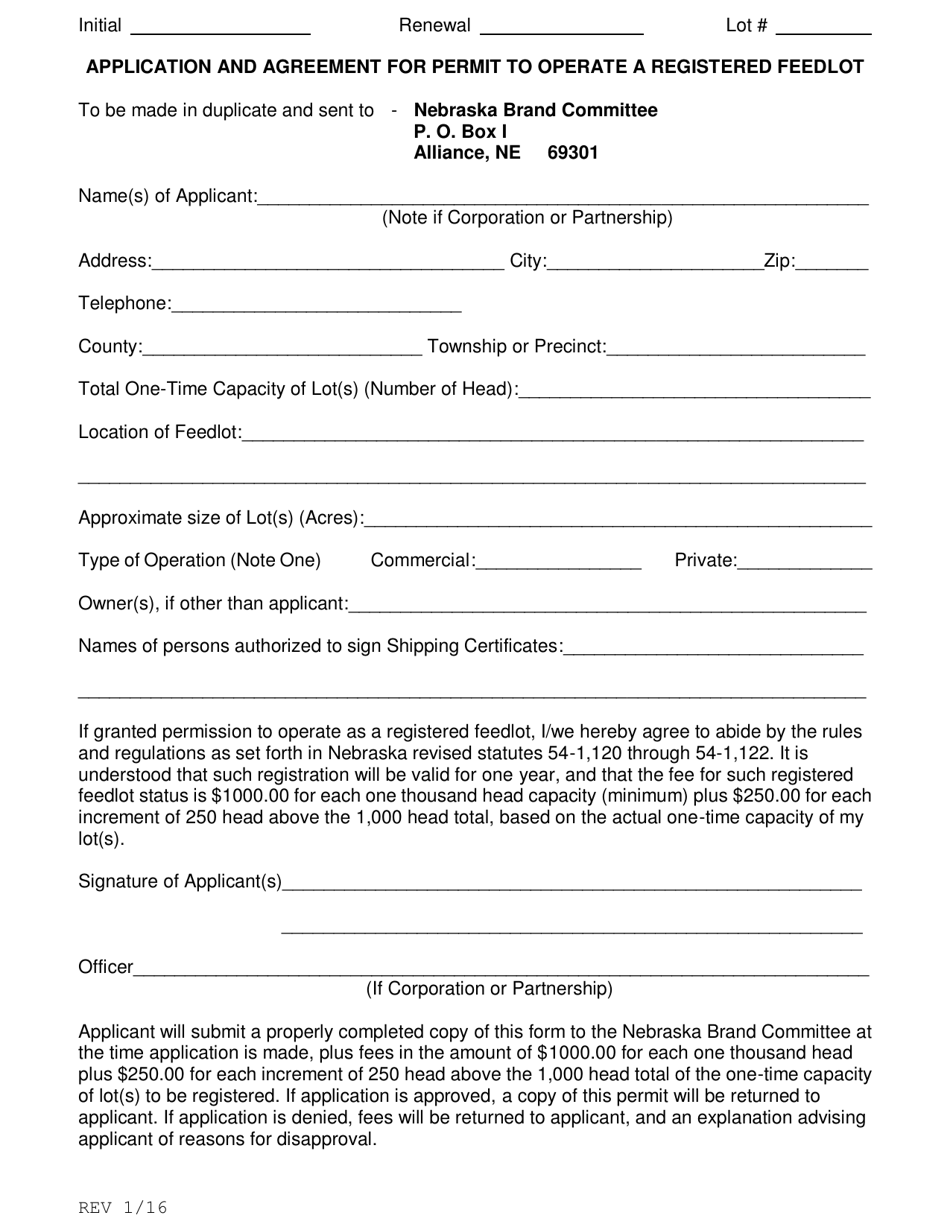 Application and Agreement for Permit to Operate a Registered Feedlot - Nebraska, Page 2
