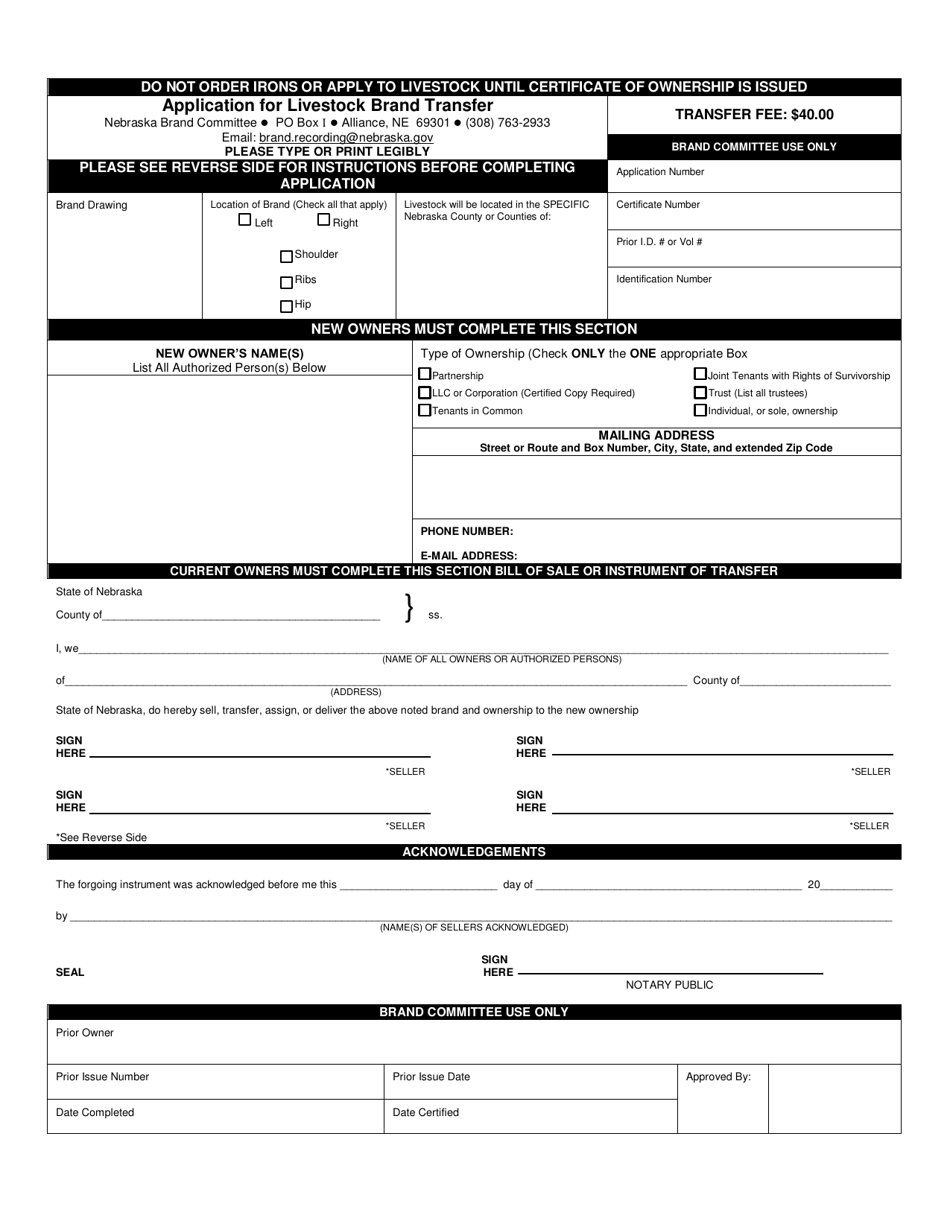 Application for Livestock Brand Transfer - Nebraska, Page 2