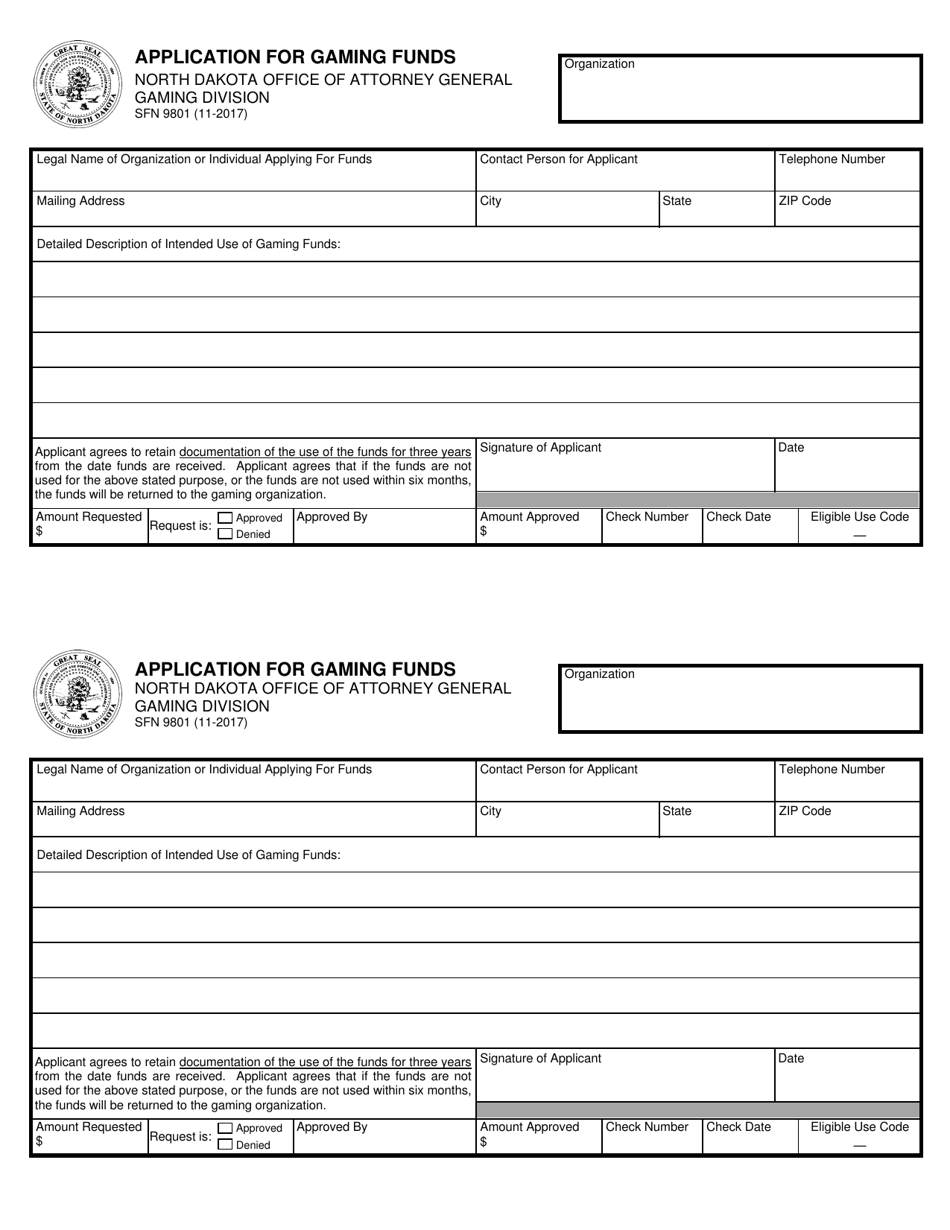 Form SFN9801 Application for Gaming Funds - North Dakota, Page 1