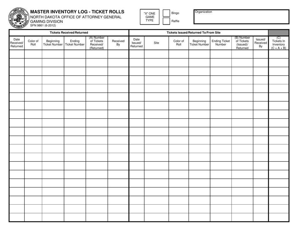 Form SFN9861 Master Inventory Log - Ticket Rolls - North Dakota, Page 1