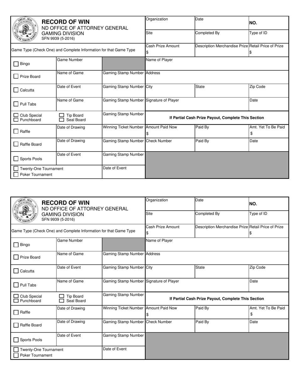 Form SFN9939 Record of Win - North Dakota, Page 1