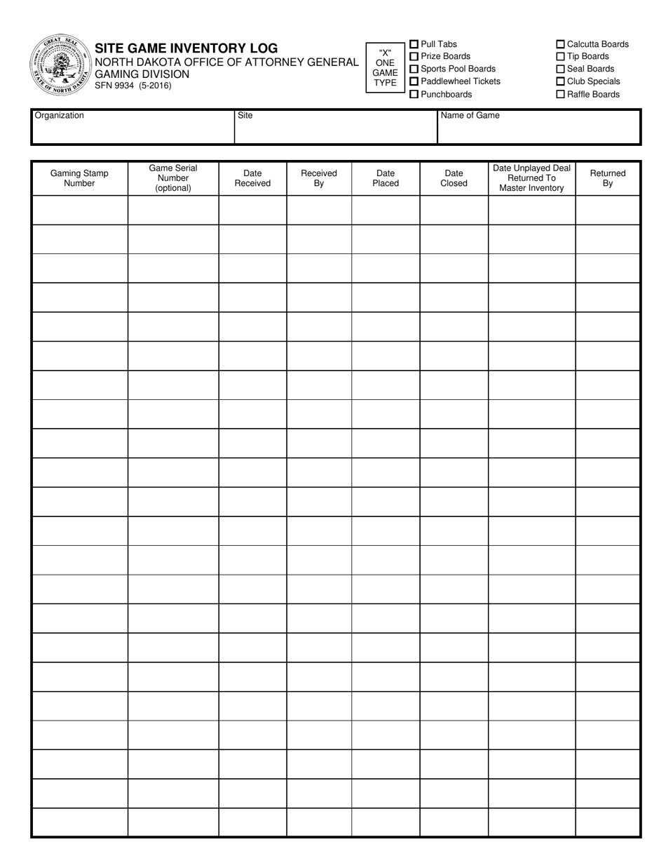 Form SFN9934 Site Game Inventory Log - North Dakota, Page 1