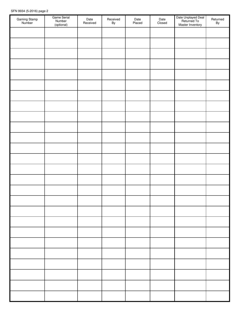 Form SFN9934 Site Game Inventory Log - North Dakota, Page 2