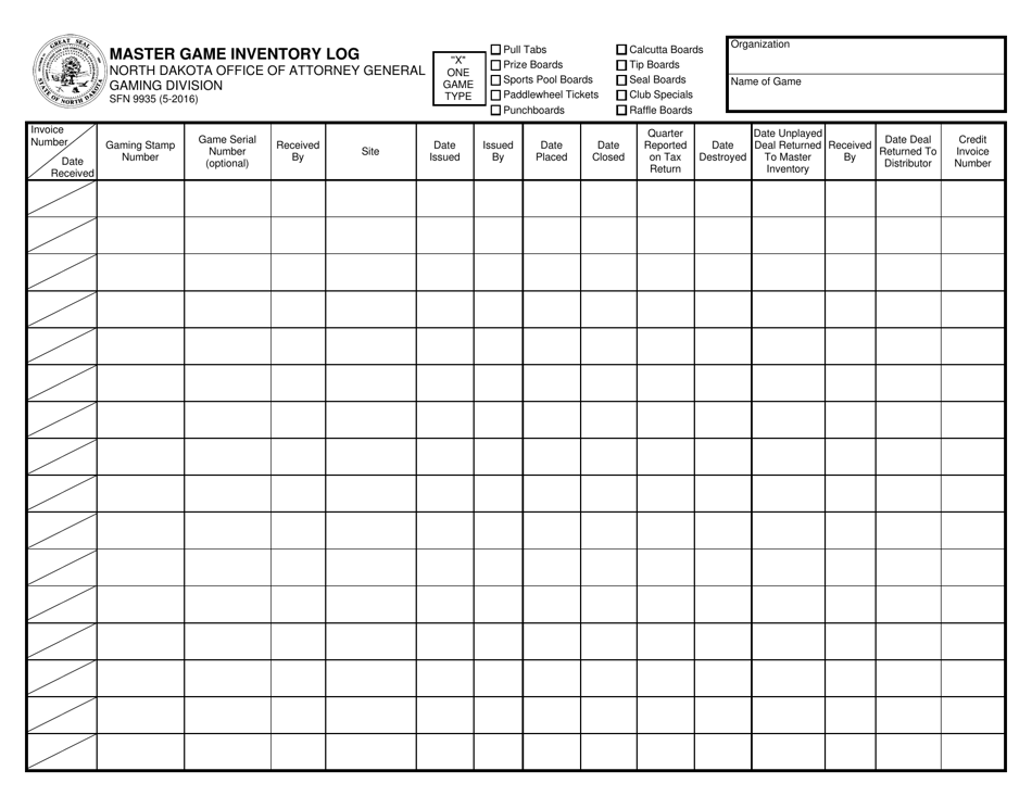 Form SFN9935 Master Game Inventory Log - North Dakota, Page 1
