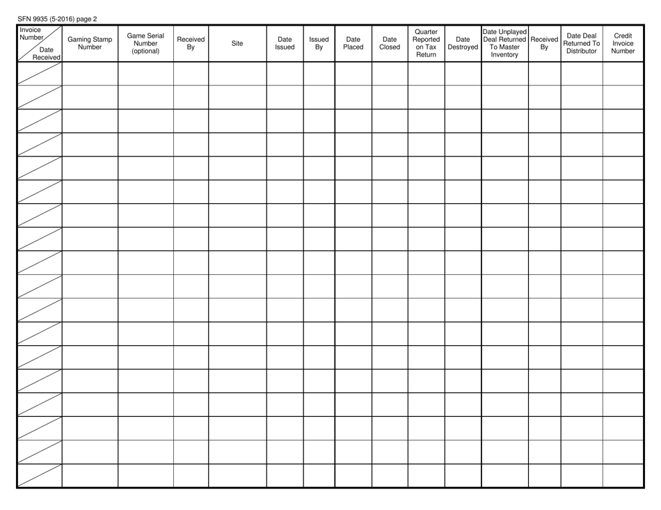 Form SFN9935 Master Game Inventory Log - North Dakota, Page 2