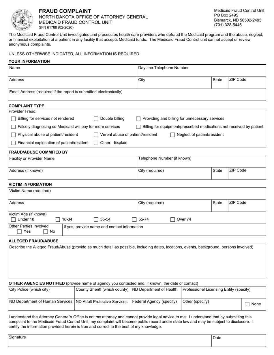Form SFN61788 Fraud Complaint - North Dakota, Page 1