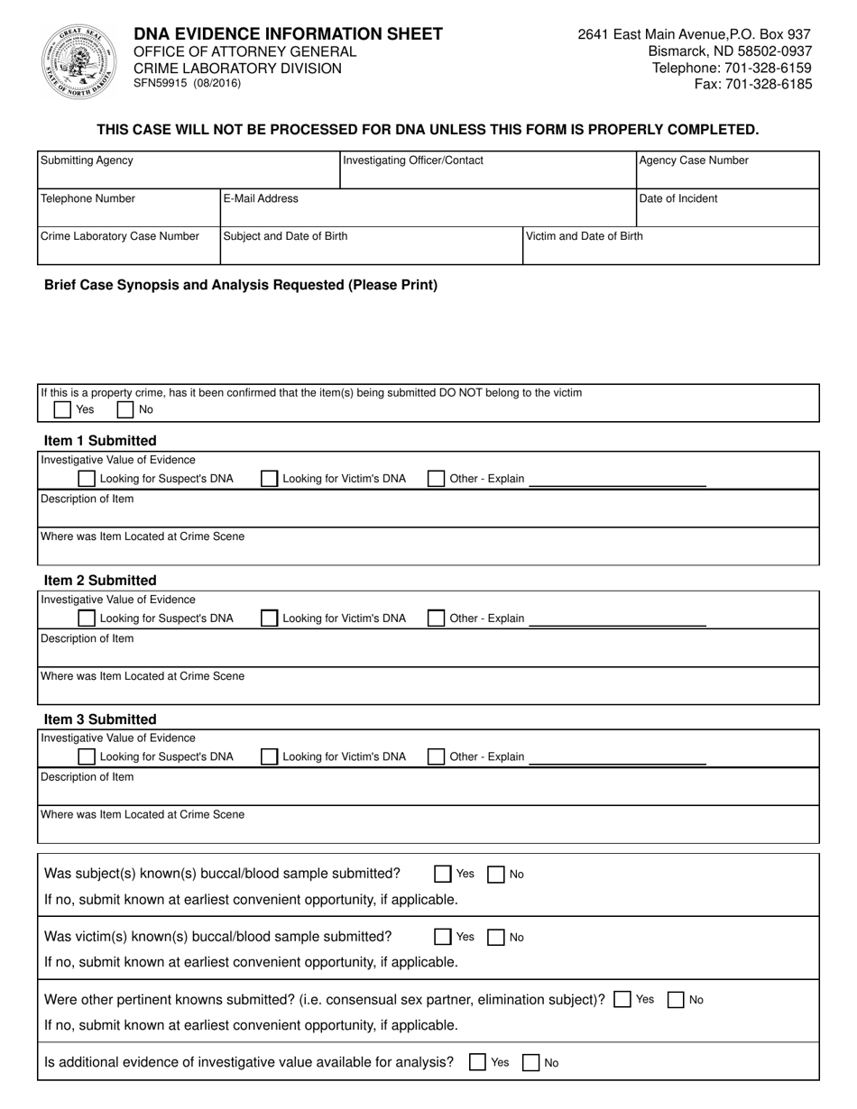 Form SFN59915 Dna Evidence Information Sheet - North Dakota, Page 1