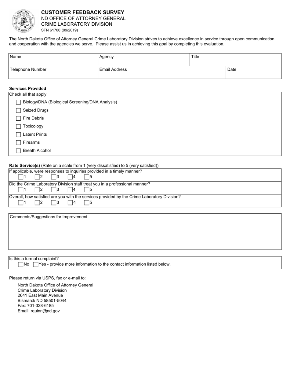 Form SFN61700 Customer Feedback Survey - North Dakota, Page 1