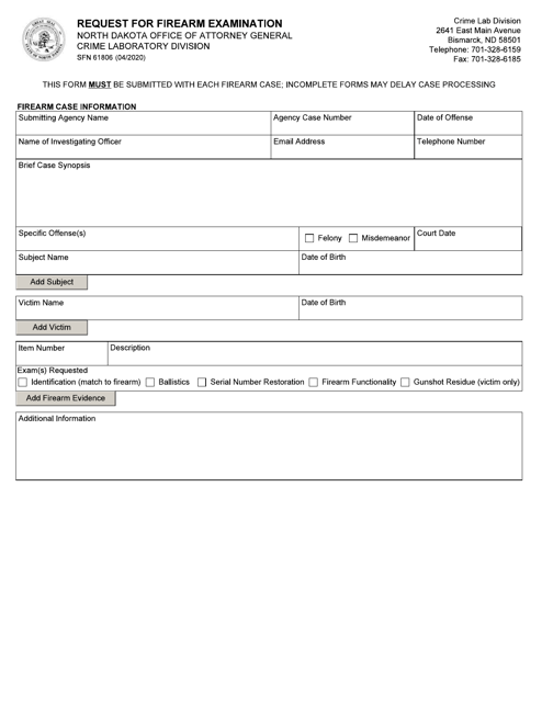 Form SFN61806 Request for Firearm Examination - North Dakota