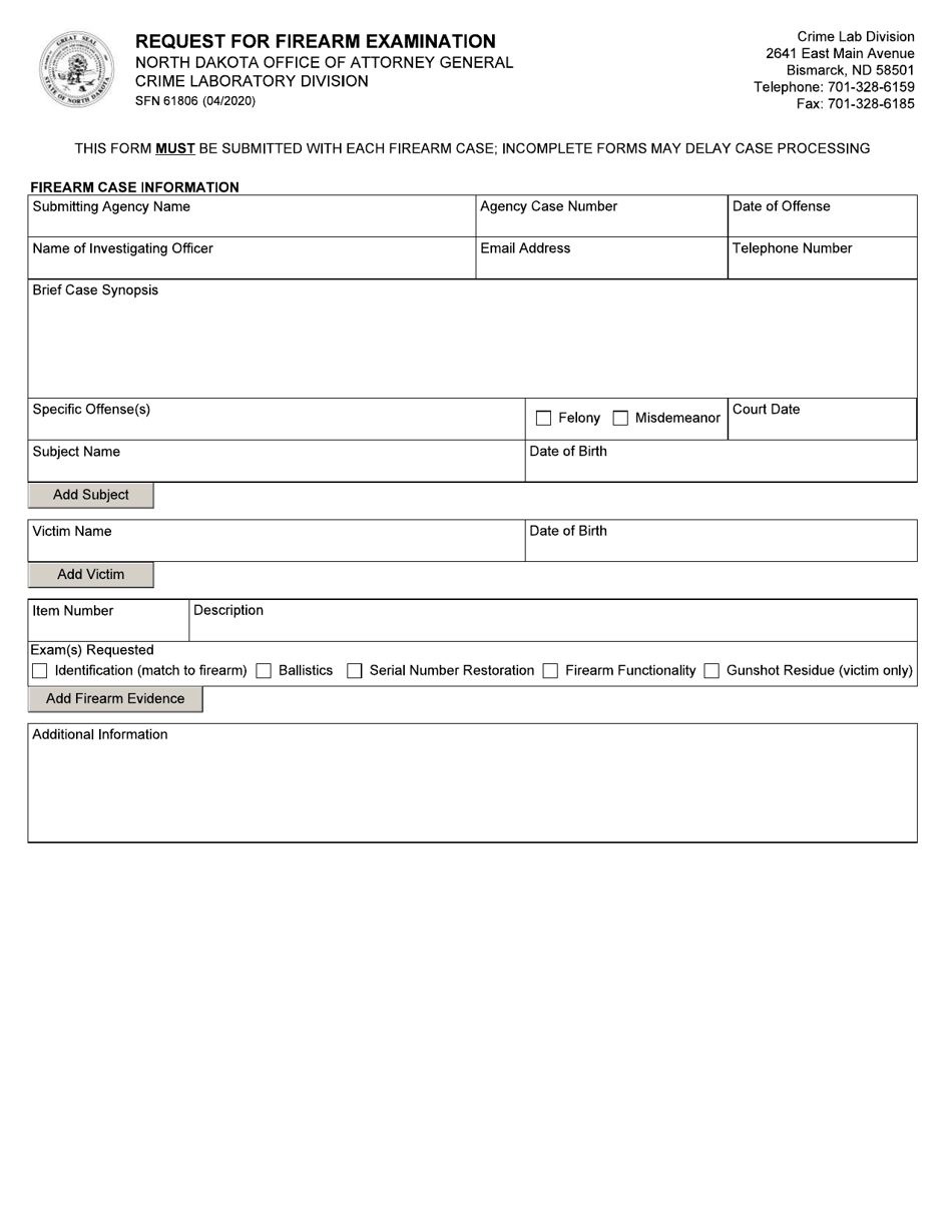 Form SFN61806 Request for Firearm Examination - North Dakota, Page 1