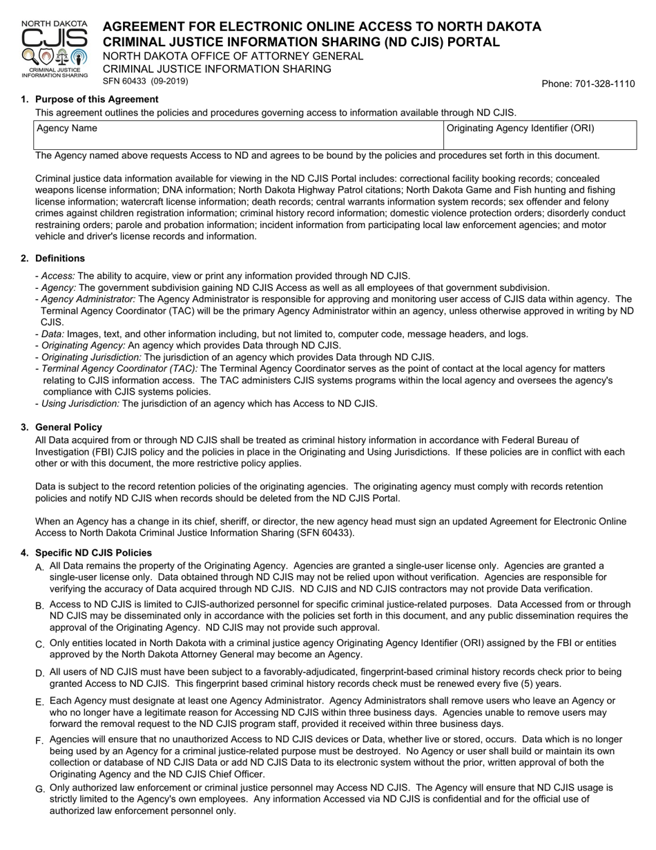 Form SFN60433 Agreement for Electronic Online Access to North Dakota Criminal Justice Information Sharing (Nd Cjis) Portal - North Dakota, Page 1