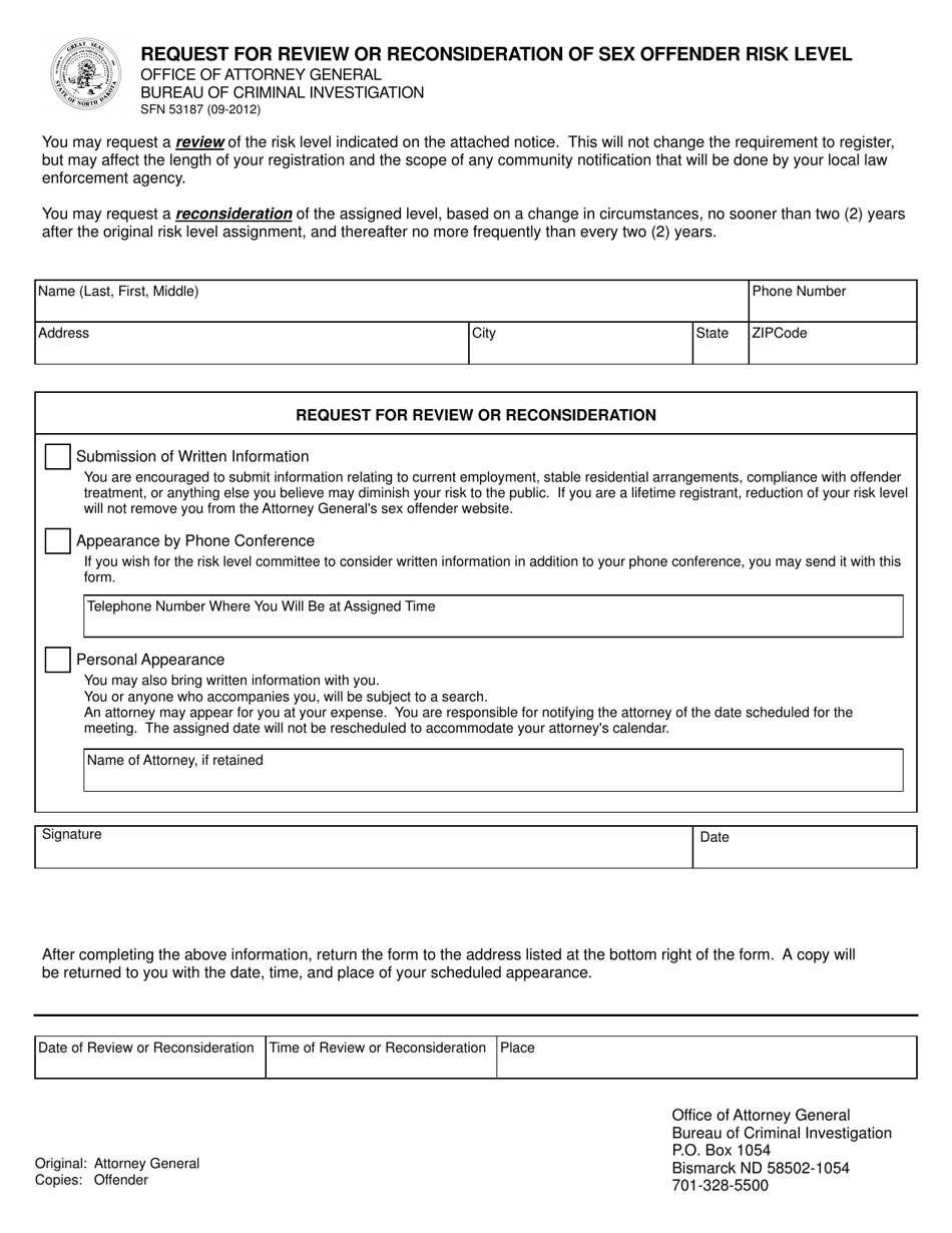 Form SFN53187 Request for Review or Reconsideration of Sex Offender Risk Level - North Dakota, Page 1