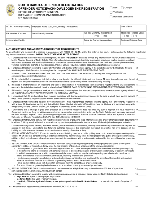 Form SFN18092 North Dakota Offender Registration Offender Notice/Acknowledgement/Registration - North Dakota