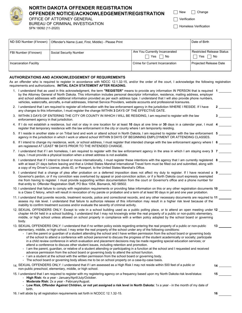 Form SFN18092 North Dakota Offender Registration Offender Notice / Acknowledgement / Registration - North Dakota, Page 1