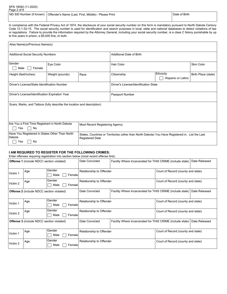 Form SFN18092 North Dakota Offender Registration Offender Notice / Acknowledgement / Registration - North Dakota, Page 2