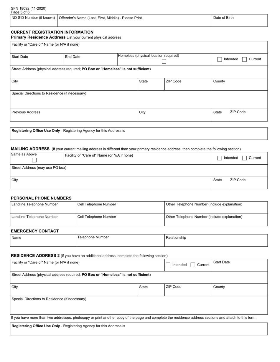 Form SFN18092 North Dakota Offender Registration Offender Notice / Acknowledgement / Registration - North Dakota, Page 3