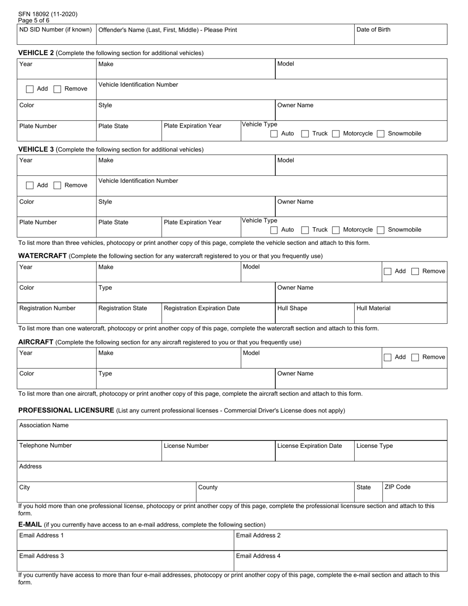 Form SFN18092 North Dakota Offender Registration Offender Notice / Acknowledgement / Registration - North Dakota, Page 5