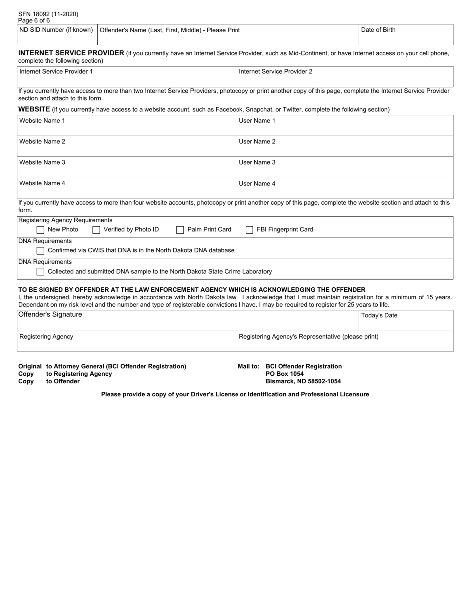 Form SFN18092 North Dakota Offender Registration Offender Notice / Acknowledgement / Registration - North Dakota, Page 6