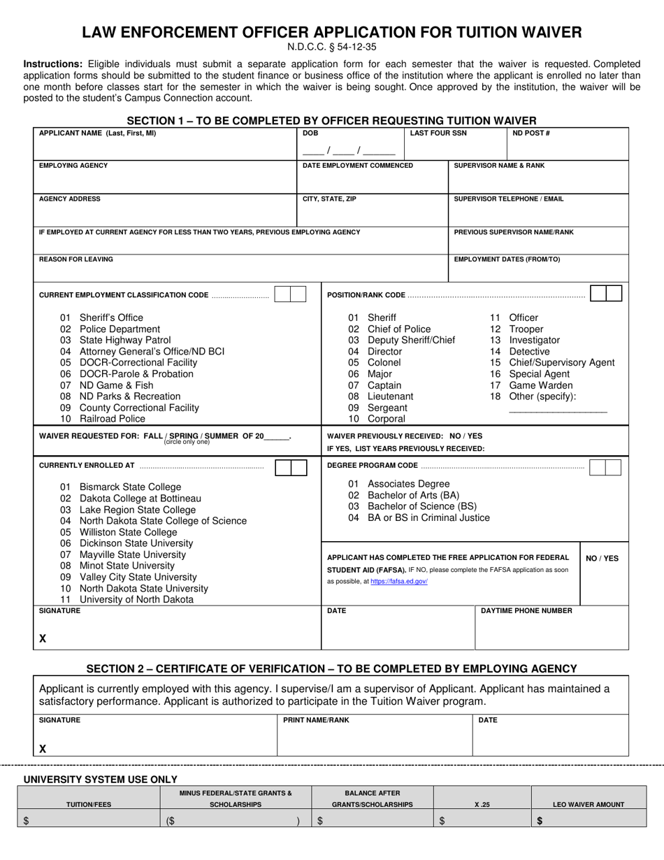 North Dakota Law Enforcement Officer Application for Tuition Waiver ...