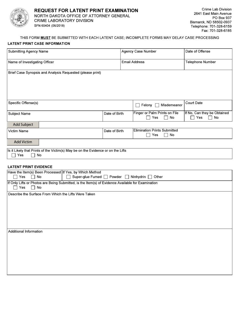 Form SFN60404 Request for Latent Print Examination - North Dakota, Page 1