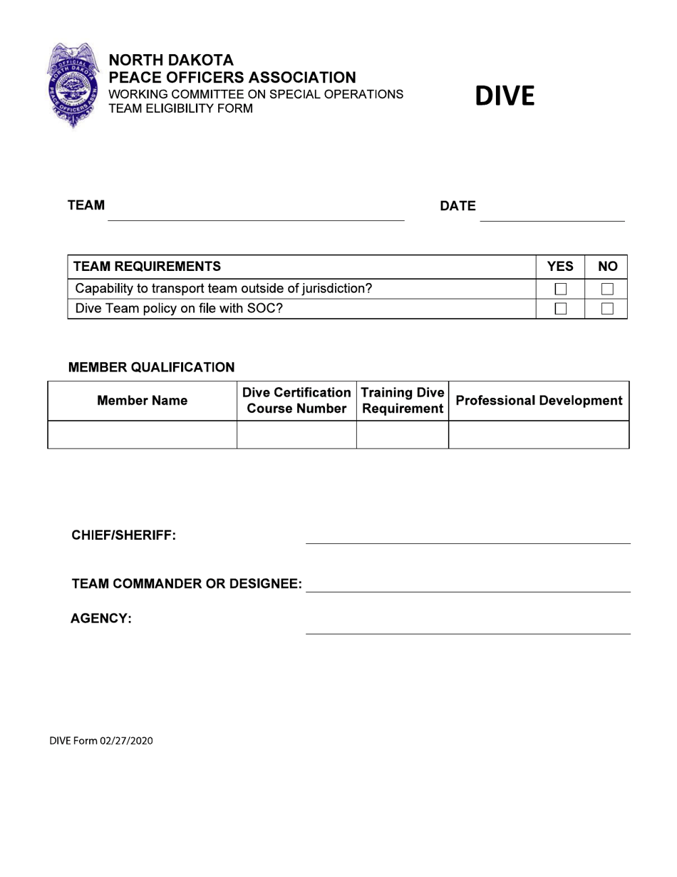 Working Committee on Special Operations Team Eligibility Form - Dive - North Dakota, Page 1