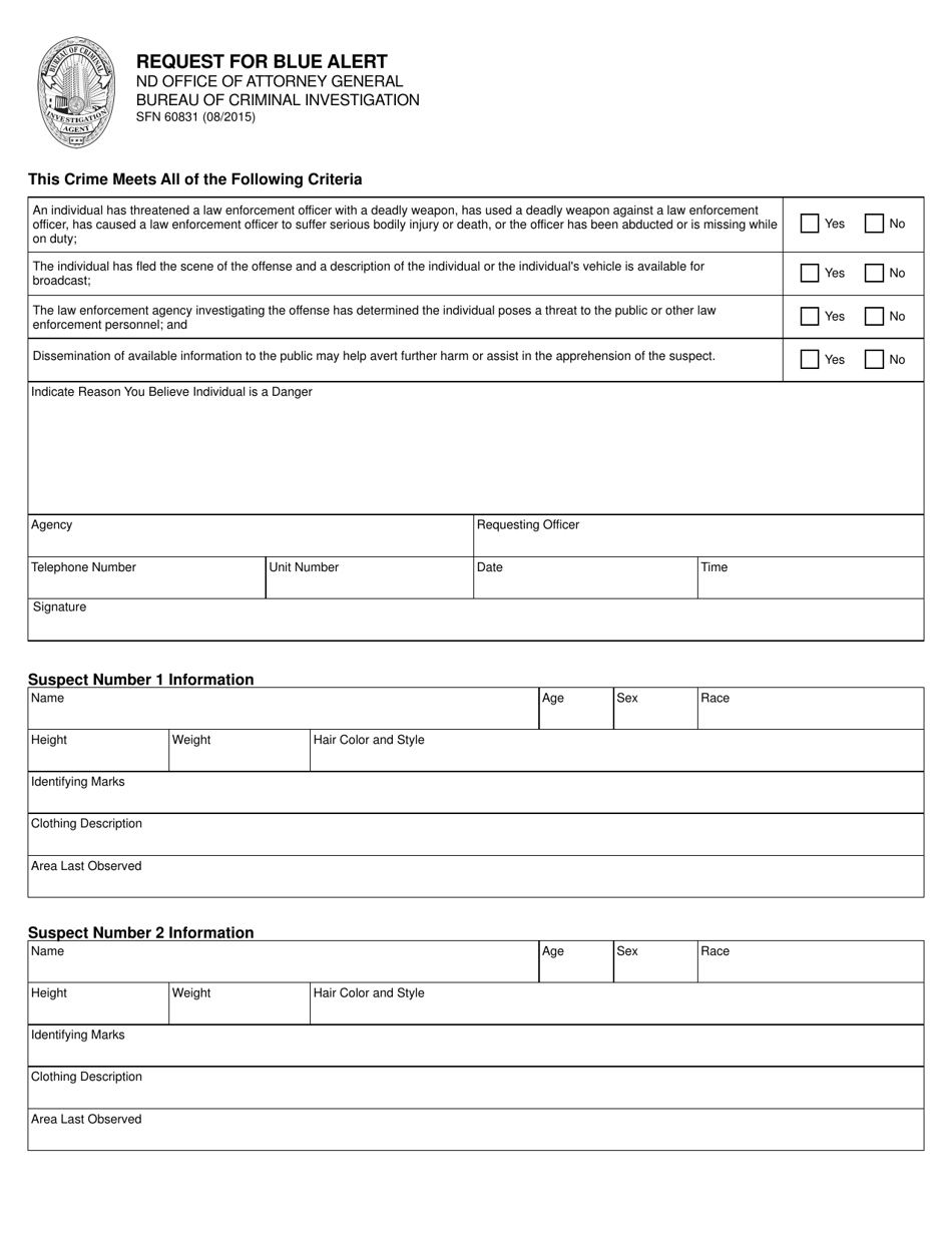 Form SFN60831 Request for Blue Alert - North Dakota, Page 1