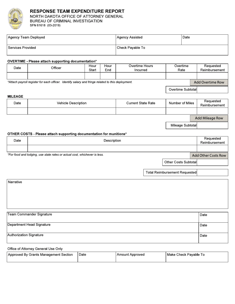 Form SFN61618 Response Team Expenditure Report - North Dakota, Page 1