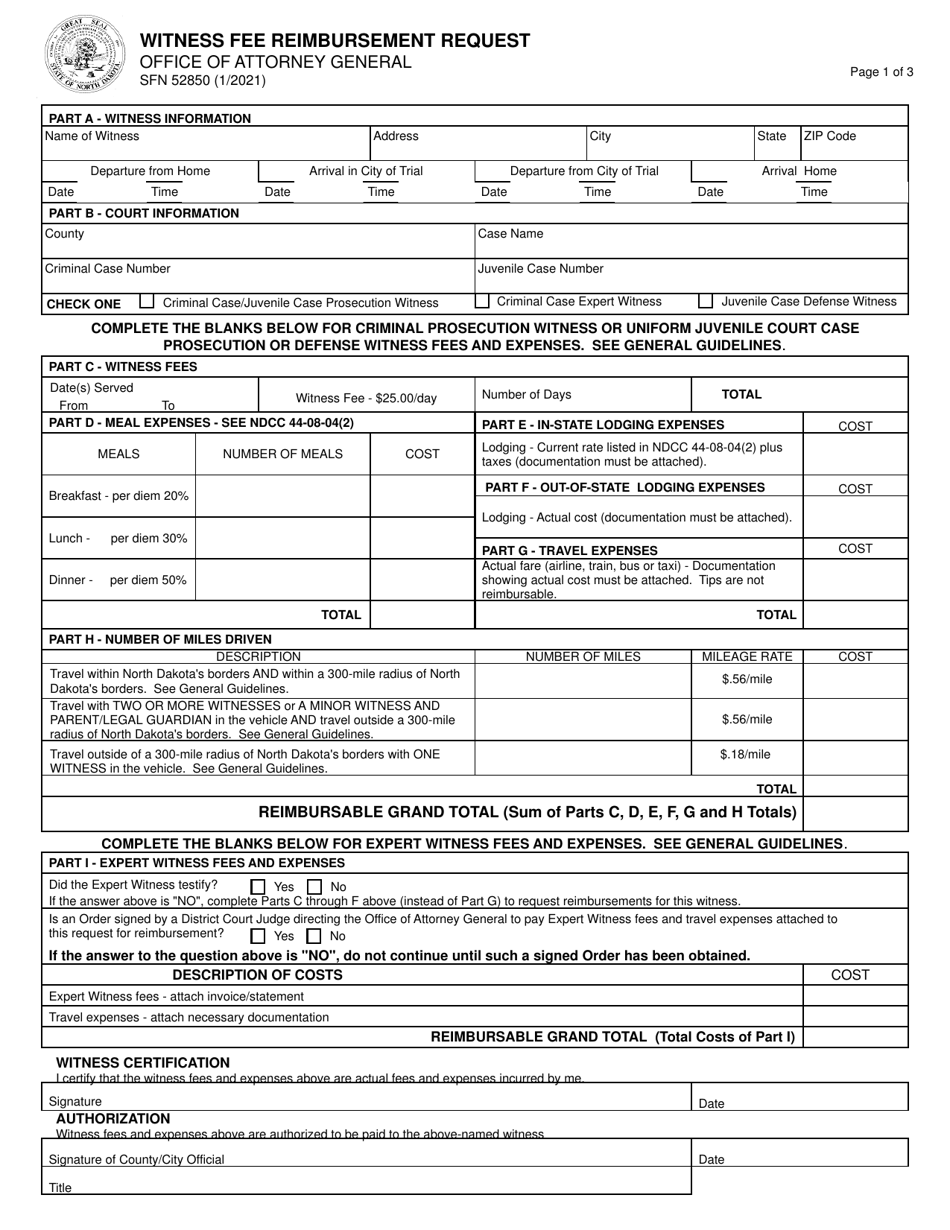 Form SFN52850 Witness Fee Reimbursement Request - North Dakota, Page 1