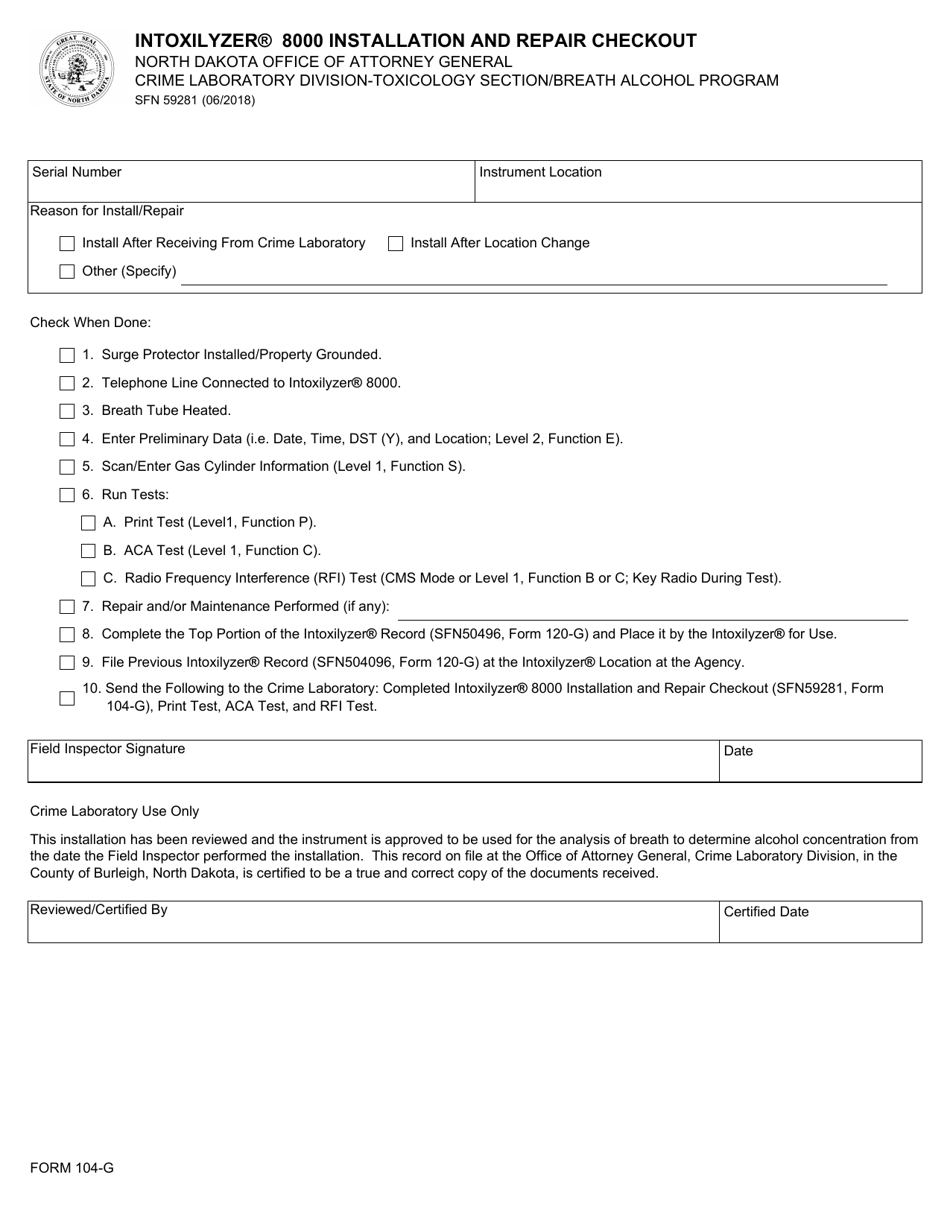 Form 104-G (SFN59281) Intoxilyzer 8000 Installation and Repair Checkout - North Dakota, Page 1