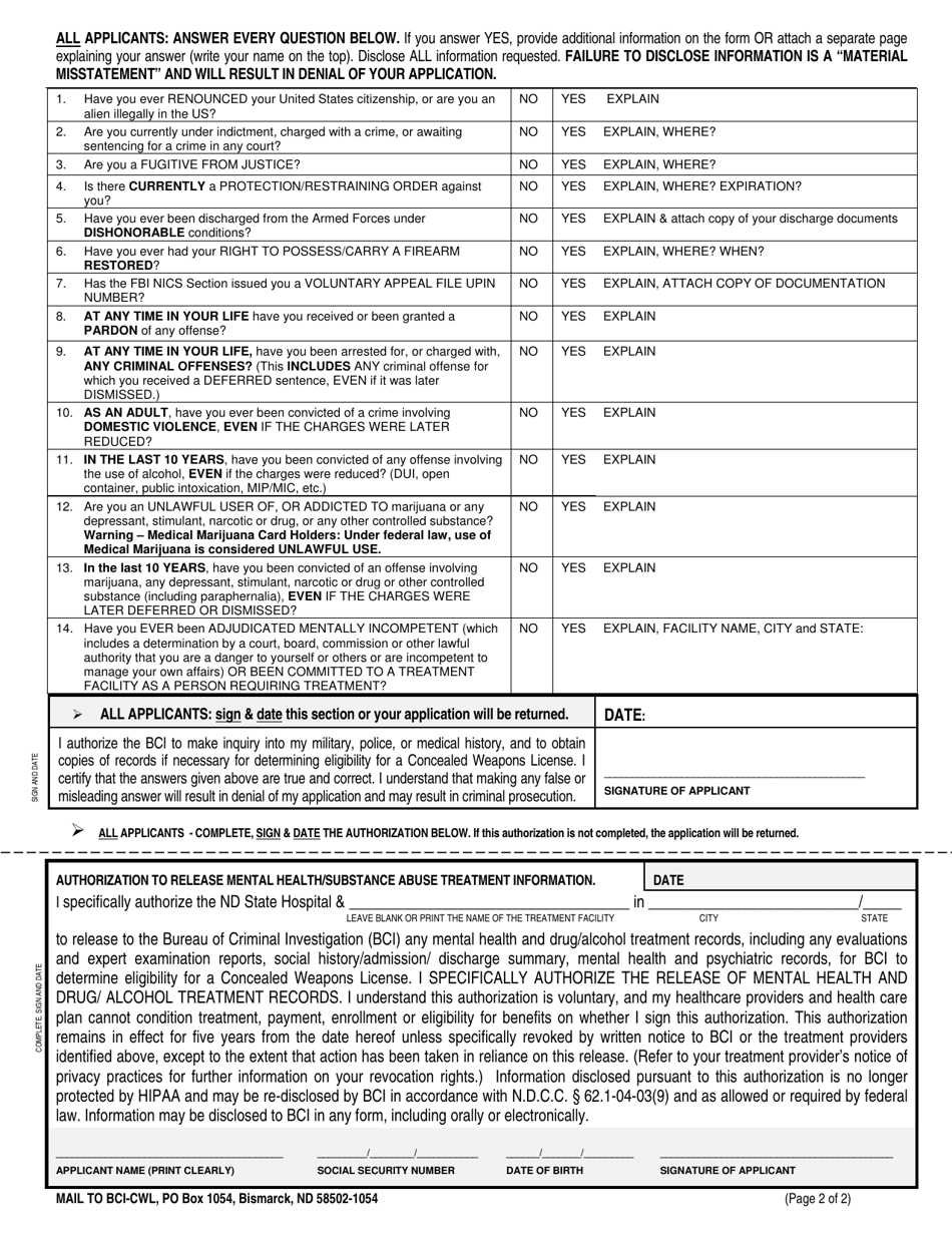 Form SFN9756 Application for Concealed Weapon License - North Dakota, Page 4