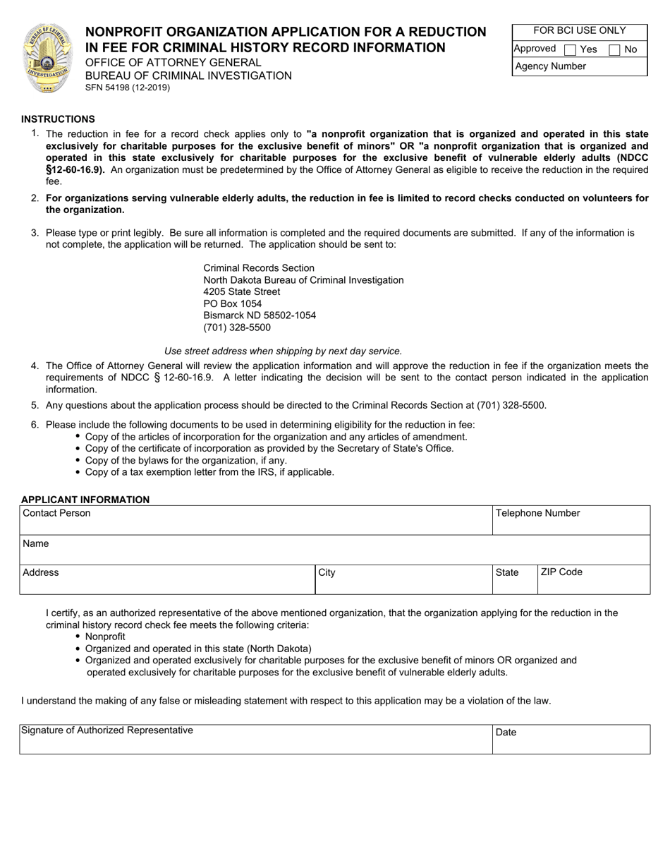 Form SFN54198 Nonprofit Organization Application for a Reduction in Fee for Criminal History Record Information - North Dakota, Page 1