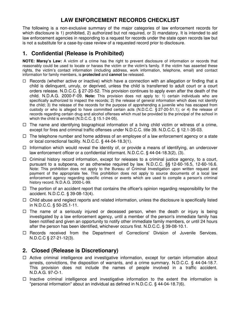 Checklist for Law Enforcement Agencies Use in Responding to an Open Records Request - North Dakota, Page 1