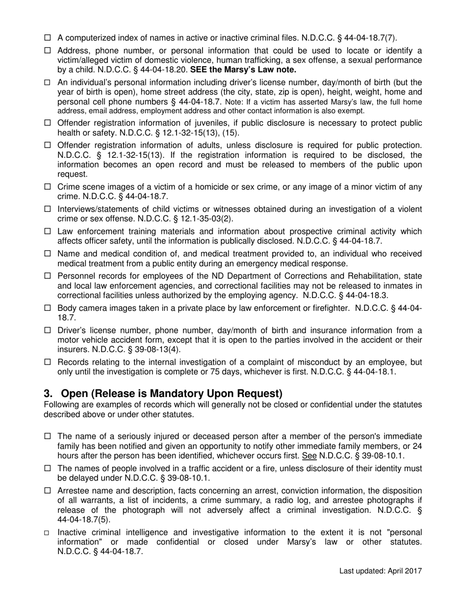 Checklist for Law Enforcement Agencies Use in Responding to an Open Records Request - North Dakota, Page 2