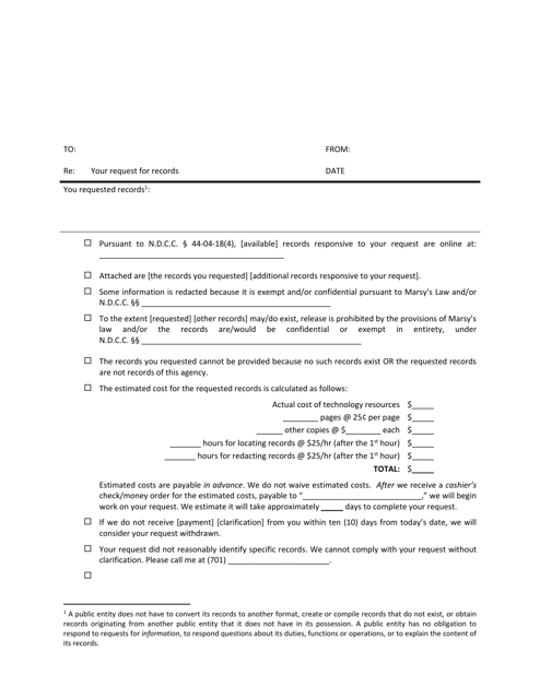 "Template for Public Entity Use When Responding to an Open Records Request" - North Dakota Download Pdf