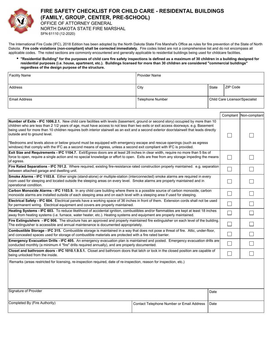 Form SFN61110 Fire Safety Checklist for Child Care - Residental Buildings (Family, Group, Center, Pre-school) - North Dakota, Page 1