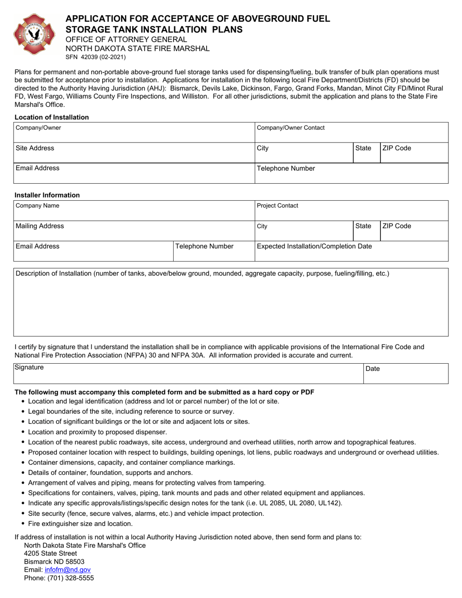 Form SFN42039 Application for Acceptance of Aboveground Fuel Storage Tank Installation Plans - North Dakota, Page 1