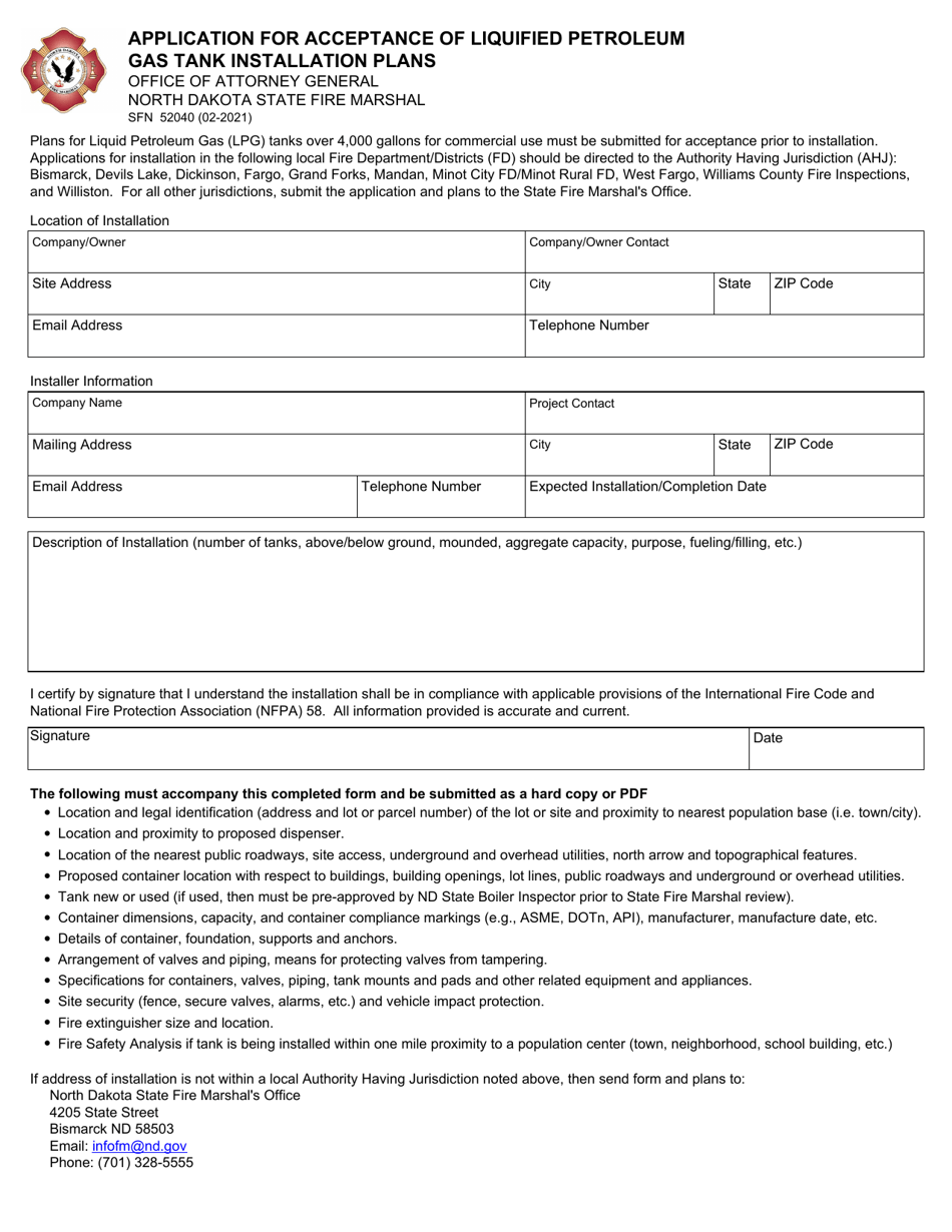 Form SFN52040 Application for Acceptance of Liquified Petroleum Gas Tank Installation Plans - North Dakota, Page 1