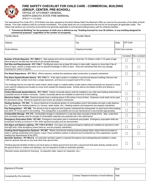 Form SFN61111 Fire Safety Checklist for Child Care - Commercial Building (Group, Center, Pre-school) - North Dakota