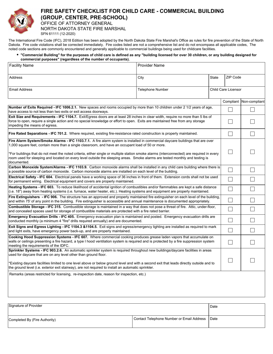 Form SFN61111 Fire Safety Checklist for Child Care - Commercial Building (Group, Center, Pre-school) - North Dakota, Page 1