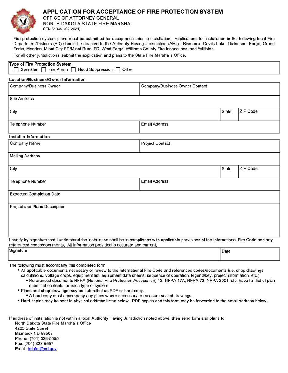 Form SFN61949 Application for Acceptance of Fire Protection System - North Dakota, Page 1