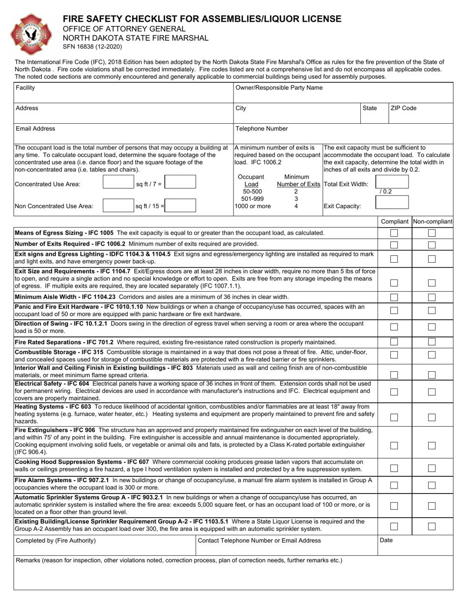 Form SFN16838 Fire Safety Checklist for Assemblies / Liquor License - North Dakota, Page 1