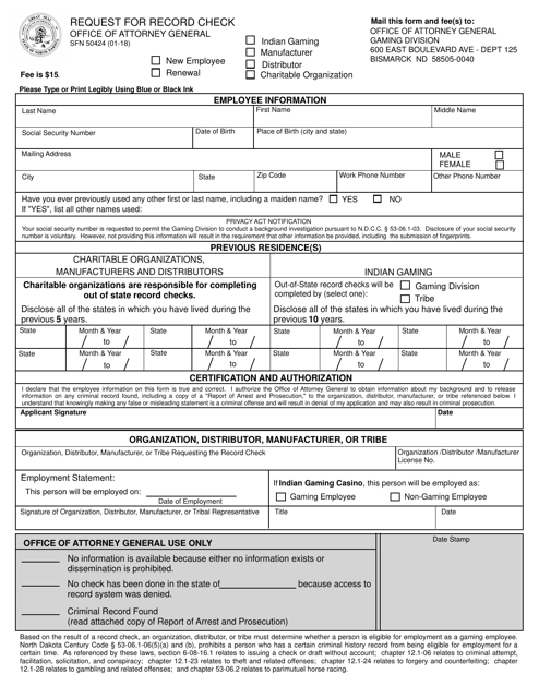 Form SFN50424 Request for Record Check - North Dakota