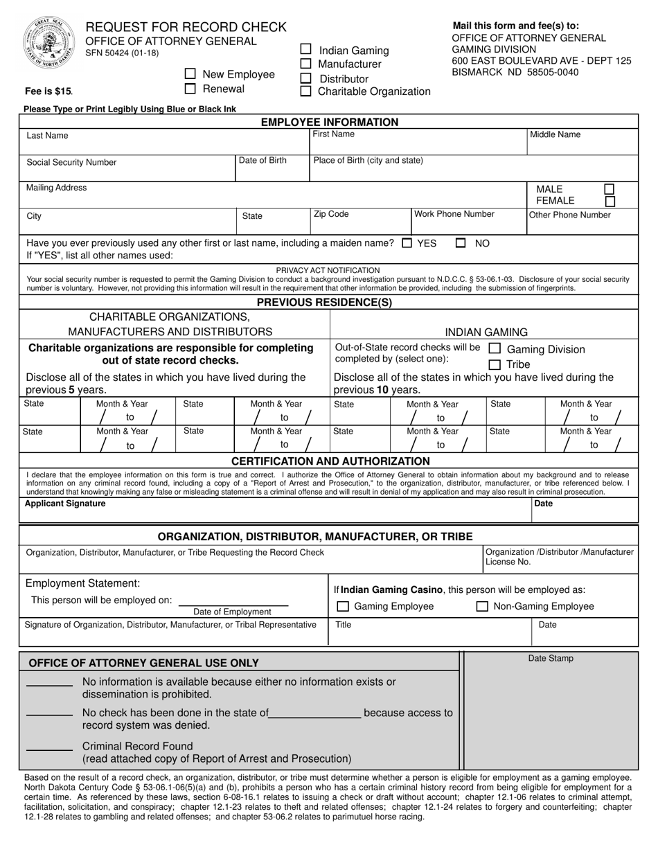Form SFN50424 Request for Record Check - North Dakota, Page 1