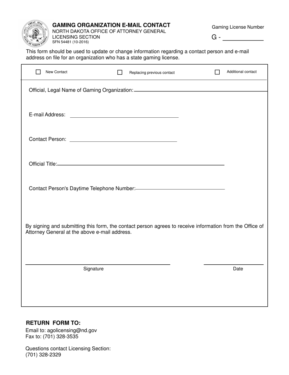 Form SFN54481 Gaming Organization E-Mail Contact - North Dakota, Page 1