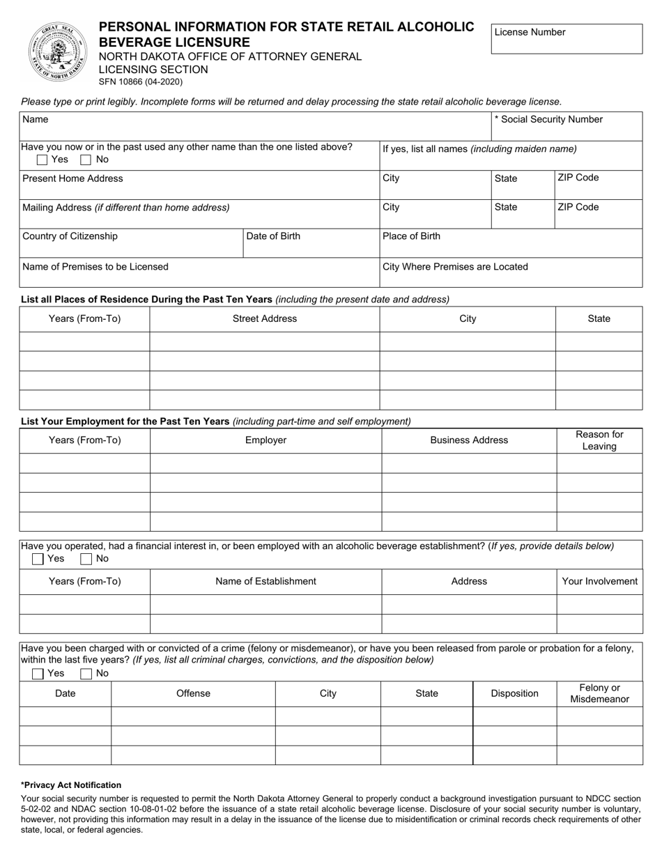 Form SFN10866 Personal Information for State Retail Alcoholic Beverage Licensure - North Dakota, Page 1