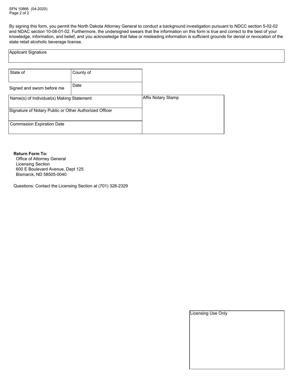 Form SFN10866 Personal Information for State Retail Alcoholic Beverage Licensure - North Dakota, Page 2