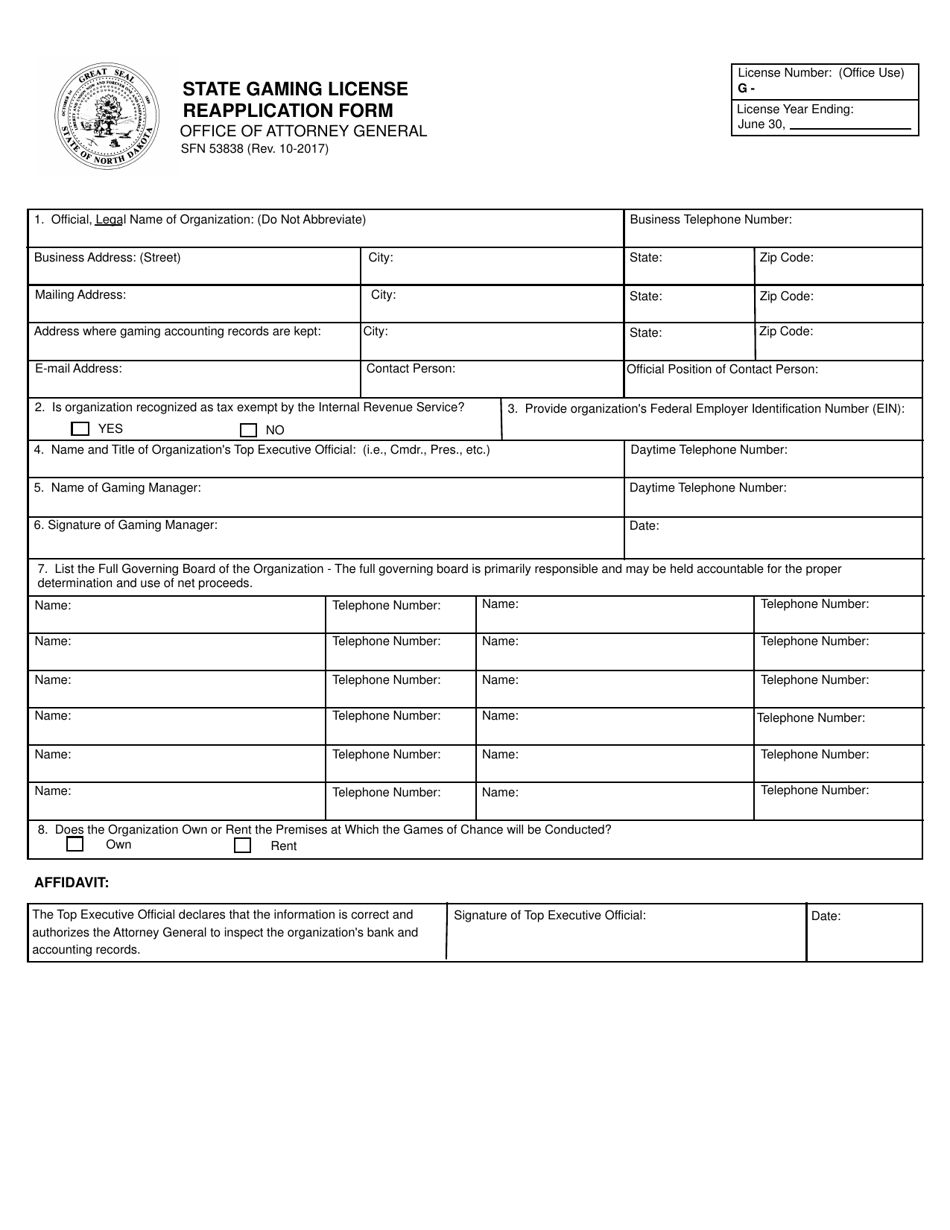 Form SFN53838 State Gaming License Reapplication Form - North Dakota, Page 1
